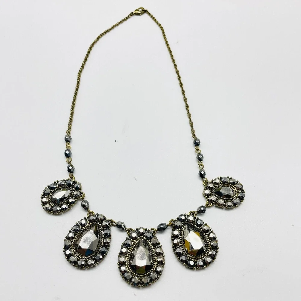 Vintage Beaded Statement Necklace Black Gray Silver Tone Teardrop Bib